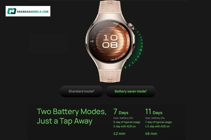 Huawei Watch 5 - 42mm có thời lượng pin dài đến 7 ngày với khả năng sạc không dây nhanh chóng