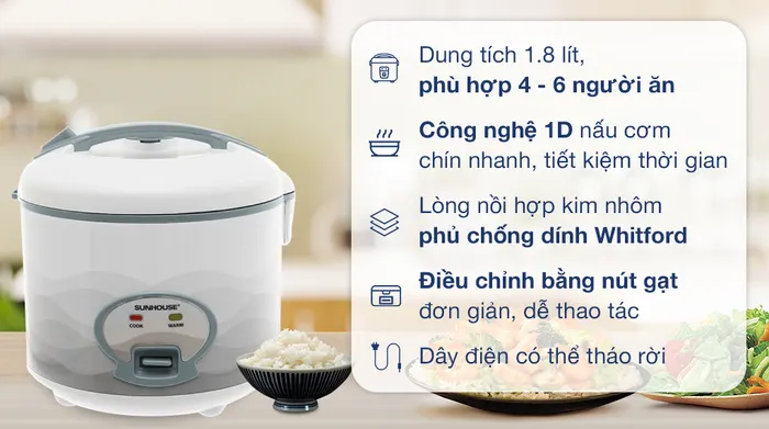 Nồi cơm nắp gài Sunhouse 1.8 lít SHD8602 - Tổng quan