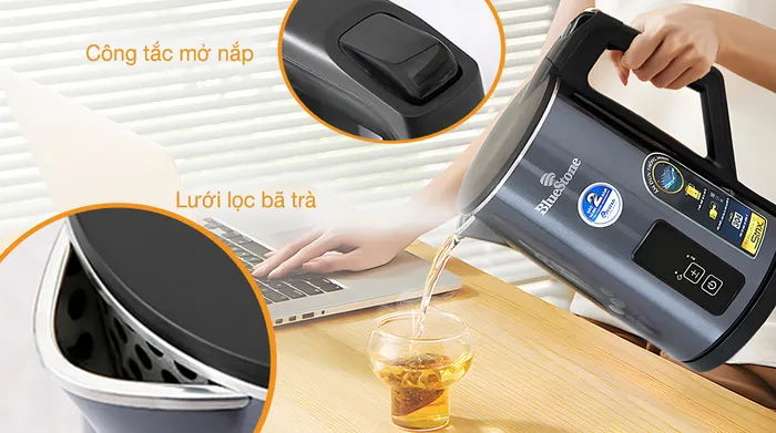 Lưới lọc, công tắc mở nắp - Bình đun siêu tốc BlueStone 1.5 lít KTB-3471