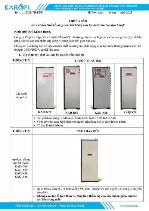 Máy lọc nước RO nóng nguội lạnh Karofi KAD-D66 11 lõi - Công văn cải tiến thiết kế