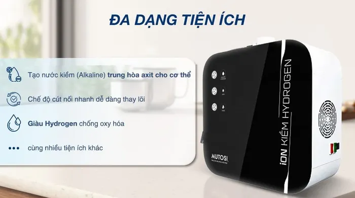 Máy chuyển đổi nước RO tạo nước nóng lạnh Ion kiềm Hydrogen Mutosi MD-199H 1 lõi - Tiện ích