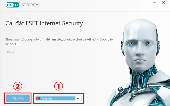 ESET NOD32 Antivirus cho Windows - Lựa chọn ngôn ngữ và tiếp tục