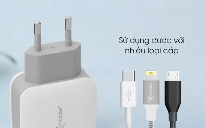 Adapter sạc 2.4A Dual Xmobile DS702 trắng tương thích được với nhiều loại cáp