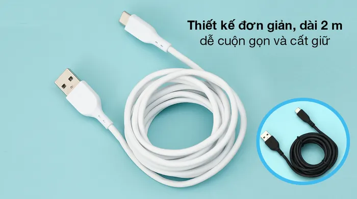 Cáp Type C 2m AVA+ DS08C - Thiết kế quen thuộc, dây cáp dài đến 2 m