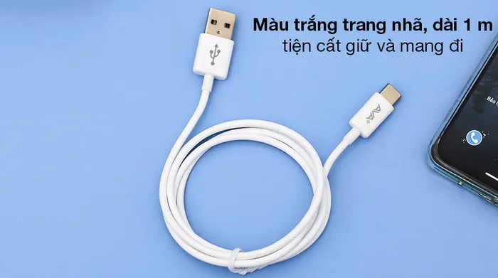 Cáp Type C AVA+ TC1000N - Thiết kế gọn đẹp, vỏ dây cáp màu trắng thời thượng