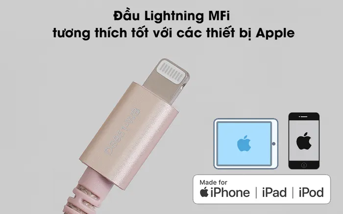 Cáp Lightning MFI 2m Mbest DS951-WB Gold - Có đầu Lightning MFi