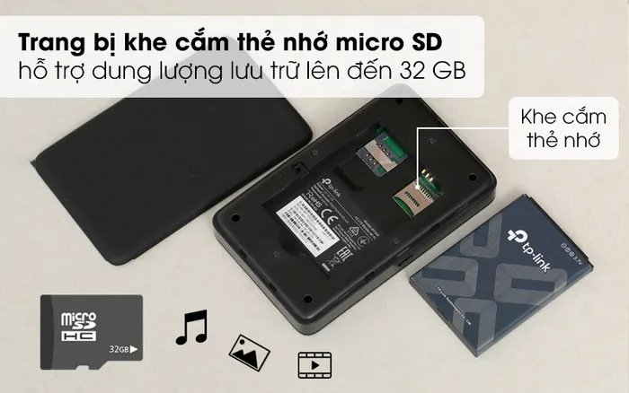 Lưu trữ dữ liệu dễ dàng nhờ tích hợp khe cắm thẻ nhớ micro SD  - Bộ Phát Wifi Di Động 4G LTE TP-Link M7350 Đen