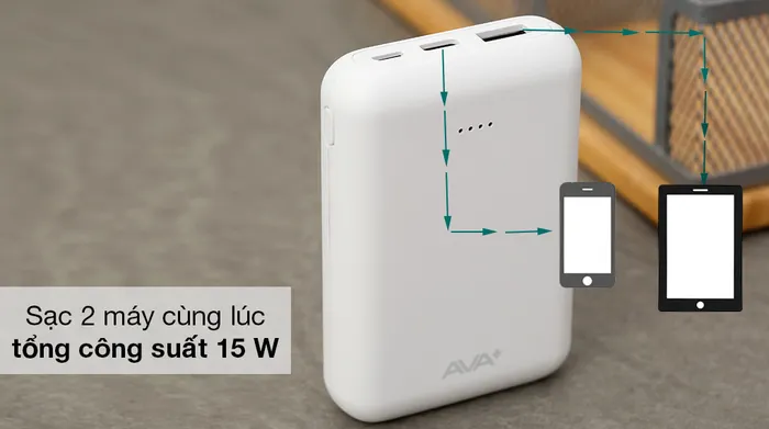 Pin sạc dự phòng Polymer 10000mAh Type C AVA+ DS2107 - Tiết kiệm thời gian với công suất sạc 2 thiết bị đồng thời lên đến 15 W