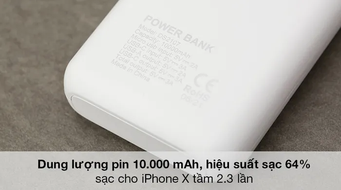 Pin sạc dự phòng Polymer 10000mAh Type C AVA+ DS2107 - Dung lượng pin 10.000 mAh, hiệu suất sạc 64%