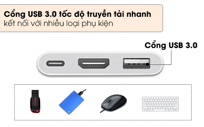 Sử dụng cổng USB 3.0 với tốc độ xử lý nhanh chóng - Adapter chuyển đổi Type C sang HDMI/Type C/USB Apple MUF82 Trắng