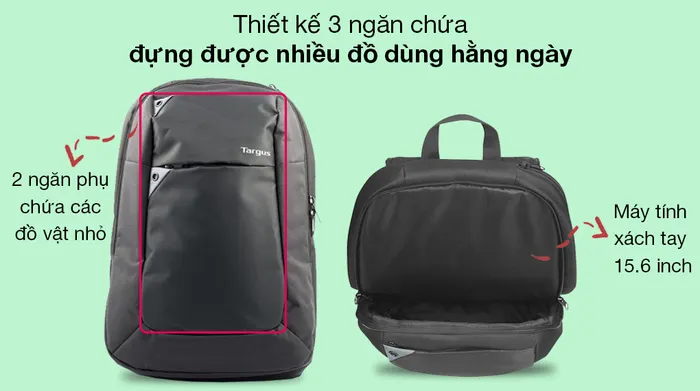 Balo Laptop 15.6 inch Targus Intellect TBB565GL-74 Đen - Đựng được nhiều đồ với 1 ngăn chính và 2 ngăn phụ