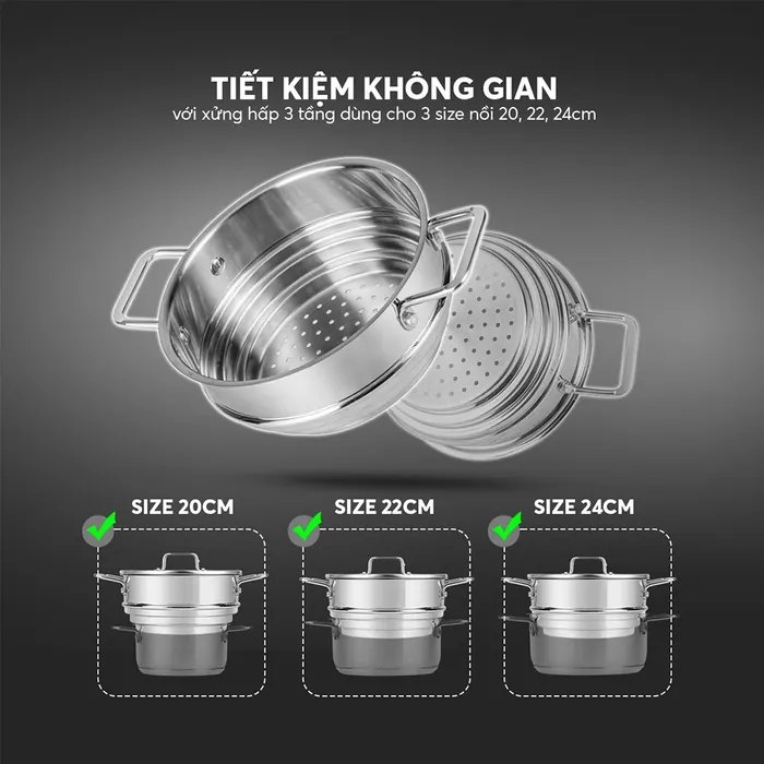 BỘ NỒI INOX 5 MÓN SMARTCOOK MINI SM 2303S SIZE 16,18,20, XỬNG HẤP 3 TẦNG SIZE 16,18,20cm: BỀN ĐẸP – ĐA TIỆN ÍCH