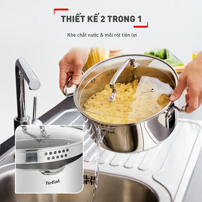 Nồi Inox Tefal Duetto Plus 28cm G7196456 - Thiết kế khe chắt nước và môi rót tiện lợi