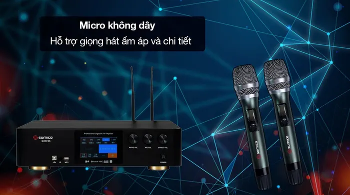 Amply Sumico SU2250 600W - Đi kèm 2 micro không dây sang trọng, hỗ trợ giọng hát tốt