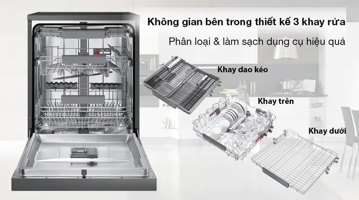 Máy rửa chén độc lập Samsung DW60CG550FSGSV - Không gian bên trong gồm có 3 khay rửa giúp rửa dụng cụ hiệu quả