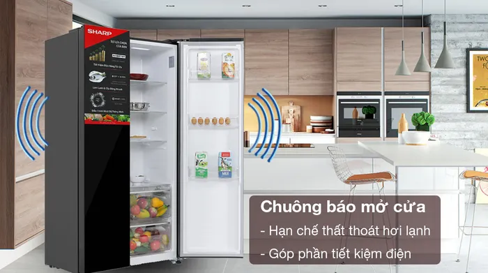 Tủ lạnh Sharp Inverter 442 lít SJ-SBX440VG-BK - Chuông báo mở cửa phát hiện nhanh chóng cửa mở, giảm thiểu hơi lạnh thất thoát gây tốn kém điện năng tiêu thụ