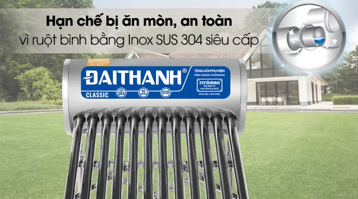 Ruột bình còn được làm bằng chất liệu Inox SUS 304 - Máy nước nóng năng lượng mặt trời Đại Thành 130 lít Classic 58-12