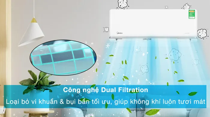 Máy lạnh Midea Inverter 1.5 HP MSAGA-13CRDN8 - Công nghệ Dual Filtration loại bỏ bụi bẩn và vi khuẩn tối ưu, mang lại bầu không khí sạch khuẩn cho căn phòng