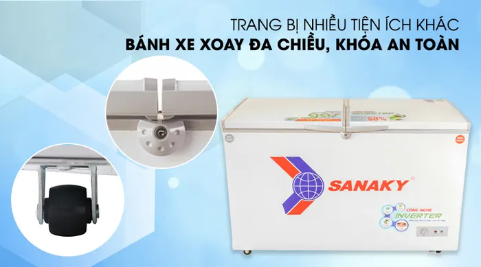 Tủ đông Sanaky VH-4099W3 với nhiều tiện ích nổi bật: bánh xe đẩy, khóa an toàn