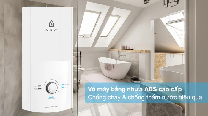 Máy nước nóng trực tiếp Ariston 4500W AURES PREMIUM 4.5 - Thiết kế hình hộp chữ nhật, nhỏ gọn với lớp vỏ cách nhiệt, chống cháy và chống thấm nước tốt 
