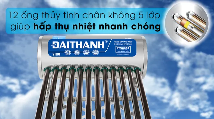 Máy nước nóng năng lượng mặt trời Đại Thành 130 lít Vigo 58-12 - Ống thủy tinh chân không