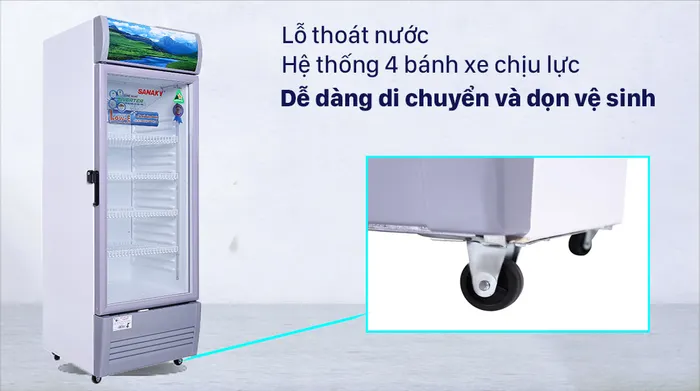 Tủ Mát Sanaky Inverter 290 lít TM.VH358K3L - Lỗ thoát nước, bánh xe di chuyển