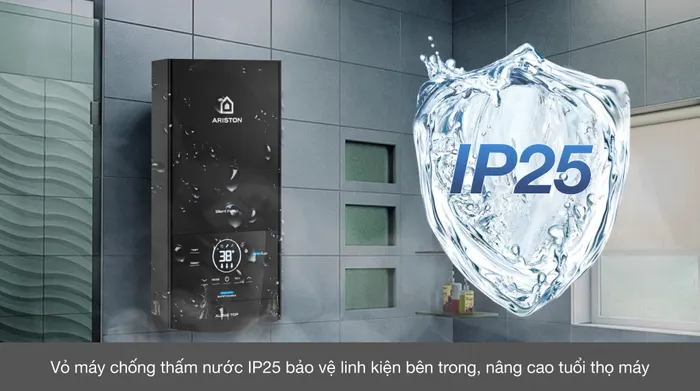 Máy nước nóng trực tiếp Ariston 4500W AURES TOP 4.5P - Chuẩn chống thấm IP25 bảo vêj an toàn linh kiện bên trong.