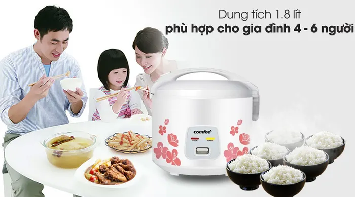 Dung tích 1.8 lít cho gia đình 4-6 người - Nồi cơm điện nắp gài Comfee 1.8 lít CR-CM1820(C)