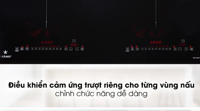 Bếp từ đôi Pramie 2208 - Thiết kế bảng điều khiển cảm ứng trượt độc lập cho từng vùng bếp