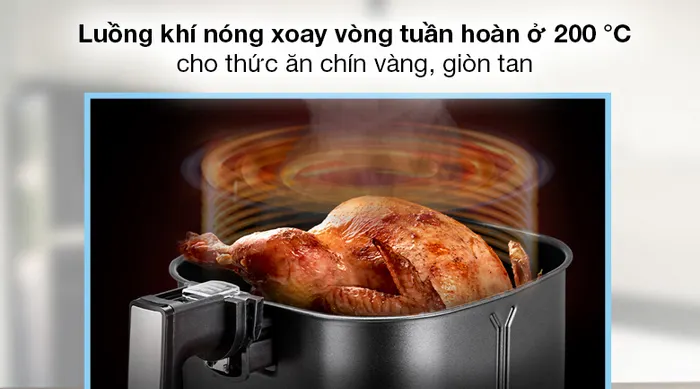 Nồi chiên không dầu Cuckoo CAF-G0510T 5.5L - Thức ăn chín vàng giòn tan, không dầu mỡ nhờ luồng khí nóng luân chuyển xoay vòng tuần hoàn ở 200 °C