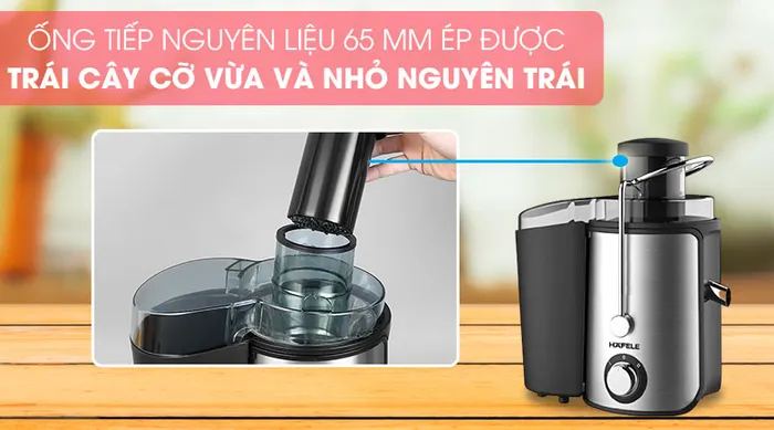 Ống tiếp rộng đường kính lớn 65 mm có thể ép được nguyên ép được nguyên quả không cần cắt nhỏ -  Máy ép trái cây Hafele GS-353.