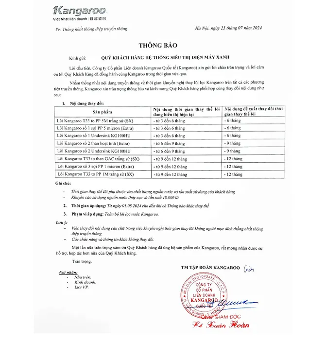 Lõi lọc thô Kangaroo số 3 T33 to PP 1M (SX) - Công văn thay thế lõi