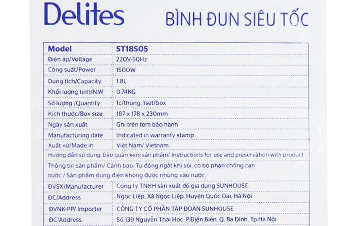 Công suất - Bình đun siêu tốc Delites 1.8 lít ST18S05