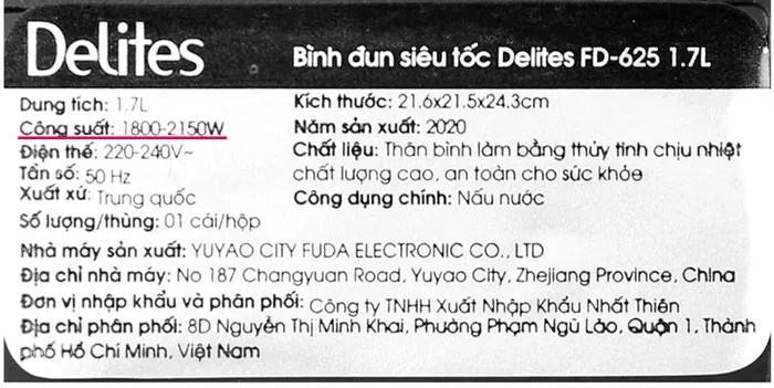 Công suất - Bình đun siêu tốc Delites 1.7 lít FD-625