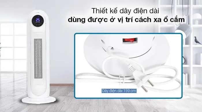 Quạt sưởi gốm ceramic Mutosi MCH-2200 - Dây điện dài 159 cm, tiện dùng ở vị trí cách xa ổ cắm