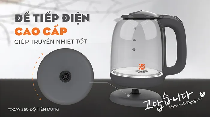 Bình đun siêu tốc Hawonkoo 1.7 lít KEH-170-GR - Đế tiếp điện