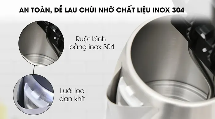 Chất liệu inox 304 - Bình đun siêu tốc Kangaroo 1.7 lít KG642