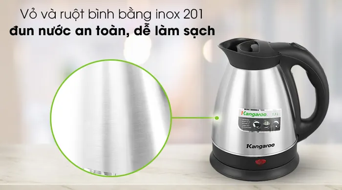 Bình đun siêu tốc Kangaroo 1.5 lít KG15SK3 - Bình 1 lớp nên chất liệu ruột cũng là vỏ bình bằng inox 201