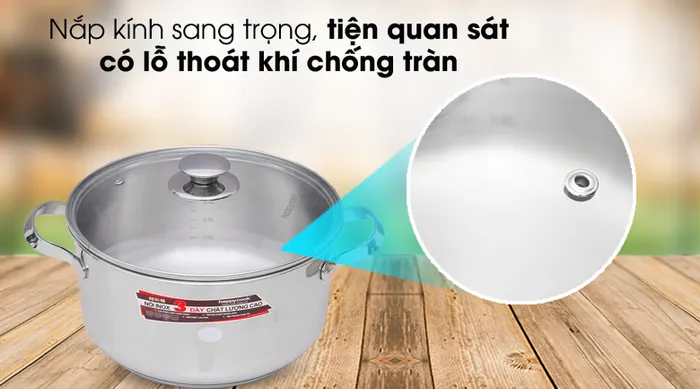 Nắp kín thủy tinh - Nồi inox 3 đáy 24cm Happycook N24-NMG