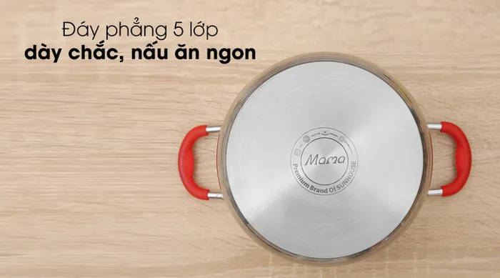 Đáy phẳng, dày - Nồi inox 5 đáy nắp kiếng 20cm Sunhouse Mama SHG2520MSD