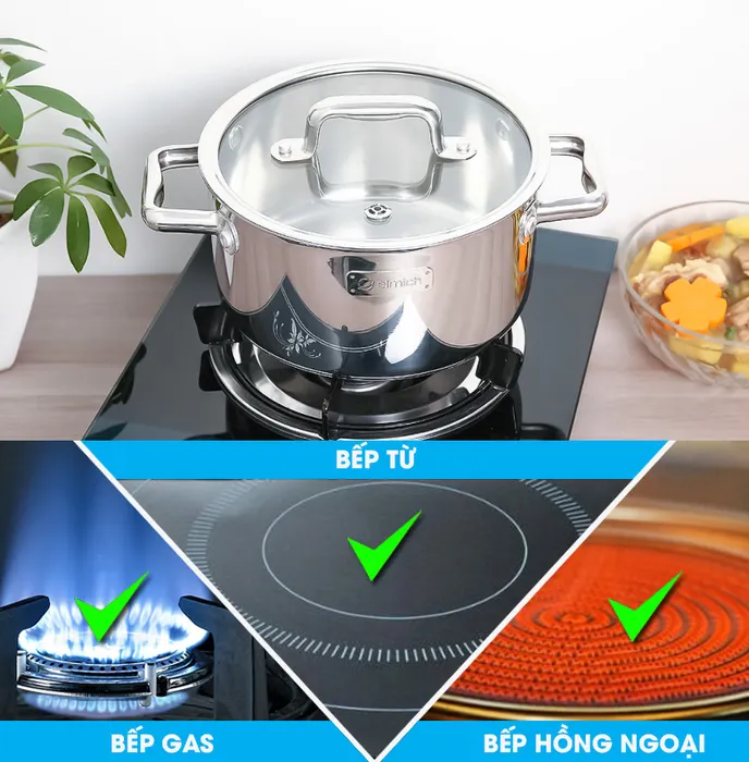 Nồi inox 3 đáy nắp kính 20cm Elmich Trimax Eco EL-3993 - Nồi sử dụng được trên mọi loại bếp như bếp ga, bếp hồng ngoại, bếp từ,...