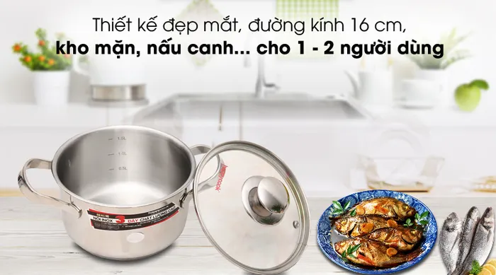 Đẹp mắt - Nồi inox 3 đáy 16cm Happycook N16-NMG