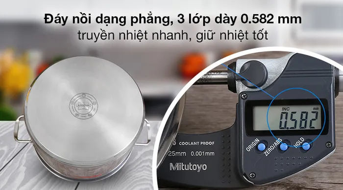 Đáy nồi phẳng, dày 0.582 mm - Nồi luộc gà inox 3 đáy nắp kiếng 28cm Sunhouse SH28LG