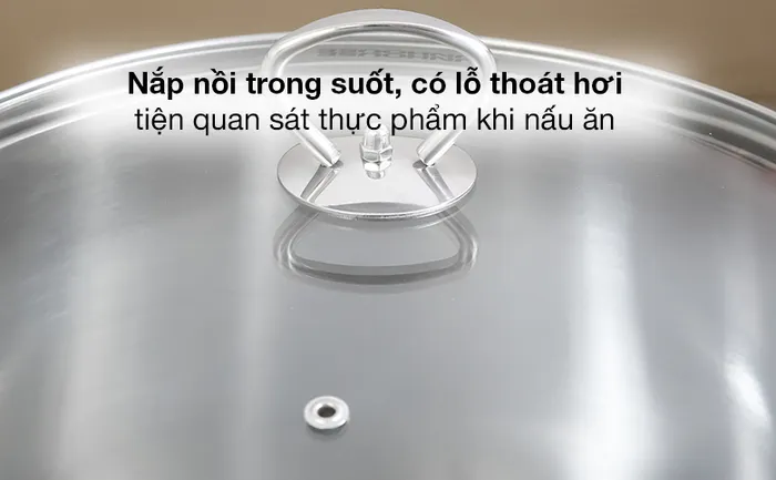 nắp trong suốt, lỗ thoát hơi - Nồi luộc gà inox 3 đáy nắp kiếng 28cm Sunhouse SH28LG