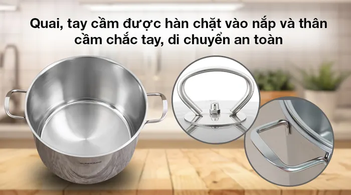 Quai và tay cầm hàn chặt vào nồi - Nồi luộc gà inox 3 đáy nắp kiếng 28cm Sunhouse SH28LG