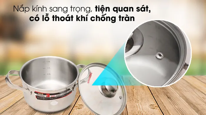 Nắp kính tiện lợi - Nồi inox 3 đáy 16cm Happycook N16-NMG