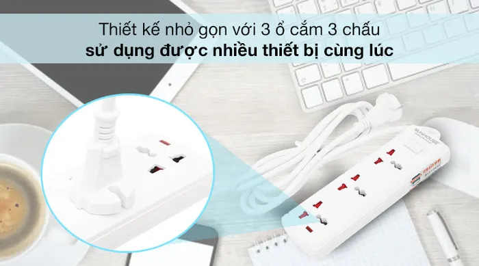 Thiết kế nhỏ gọn - Ổ cắm 3 lỗ dây 2.5m Sunhouse SHE OC6-3P