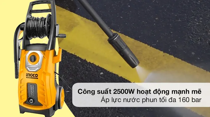 Máy phun xịt áp lực cao Ingco HPWR25008 2500W - Công suất 2500W hoạt động mạnh mẽ, áp lực nước phun tối đa 160 bar