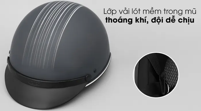 Mũ bảo hiểm 1/2 size M Delites ATN04 - Lớp vải lót trong mũ mềm êm, thoáng khí, cho bạn đội dễ chịu hơn