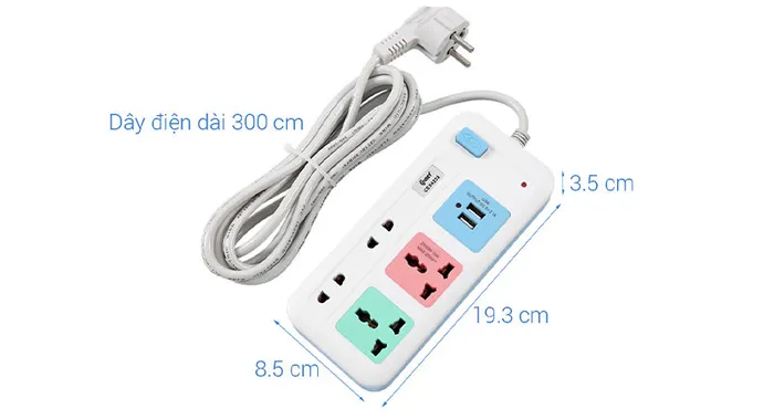 Chiều dài - Ổ cắm điện 2USB 4 lỗ 3m COMET CES4223